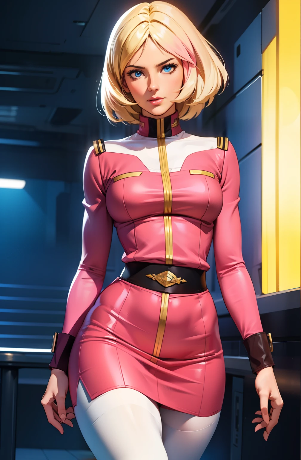 ((masterpiece)), ((cinematic lighting)), realistic photo、Real Images、Top image quality、1girl in, sayla mass, Elegant, masterpiece, Convoluted, slim arms, wide hips, thick thighs, thigh gaps, Best Quality, absurderes, high face detail, Perfect eyes, mature, Cowboy Shot, , Vibrant colors, soft pink uniform, soft pink Skirt, white tights