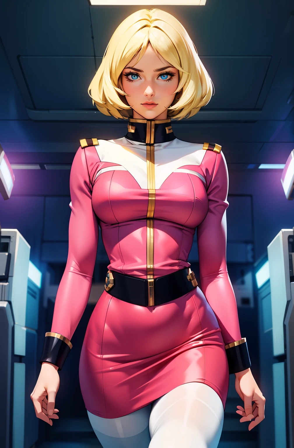 ((masterpiece)), ((cinematic lighting)), realistic photo、Real Images、Top image quality、1girl in, sayla mass, Elegant, masterpiece, Convoluted, slim arms, wide hips, thick thighs, thigh gaps, Best Quality, absurderes, high face detail, Perfect eyes, mature, Cowboy Shot, , Vibrant colors, soft pink uniform, soft pink Skirt, white tights