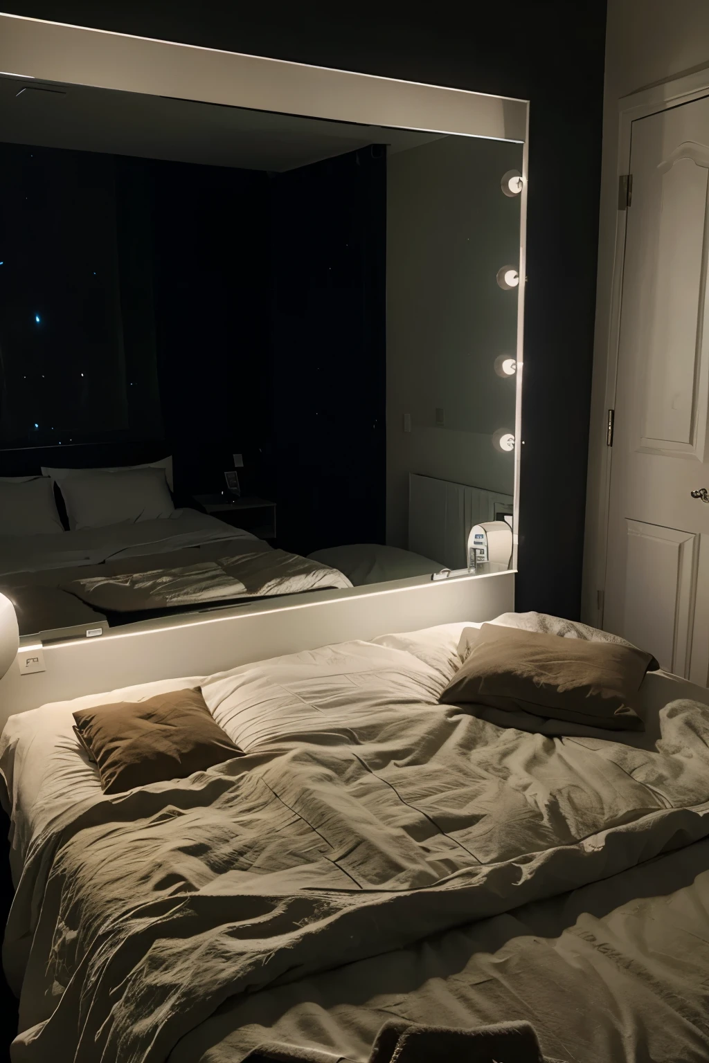 Realistic, mirror, bed, midnight, lights