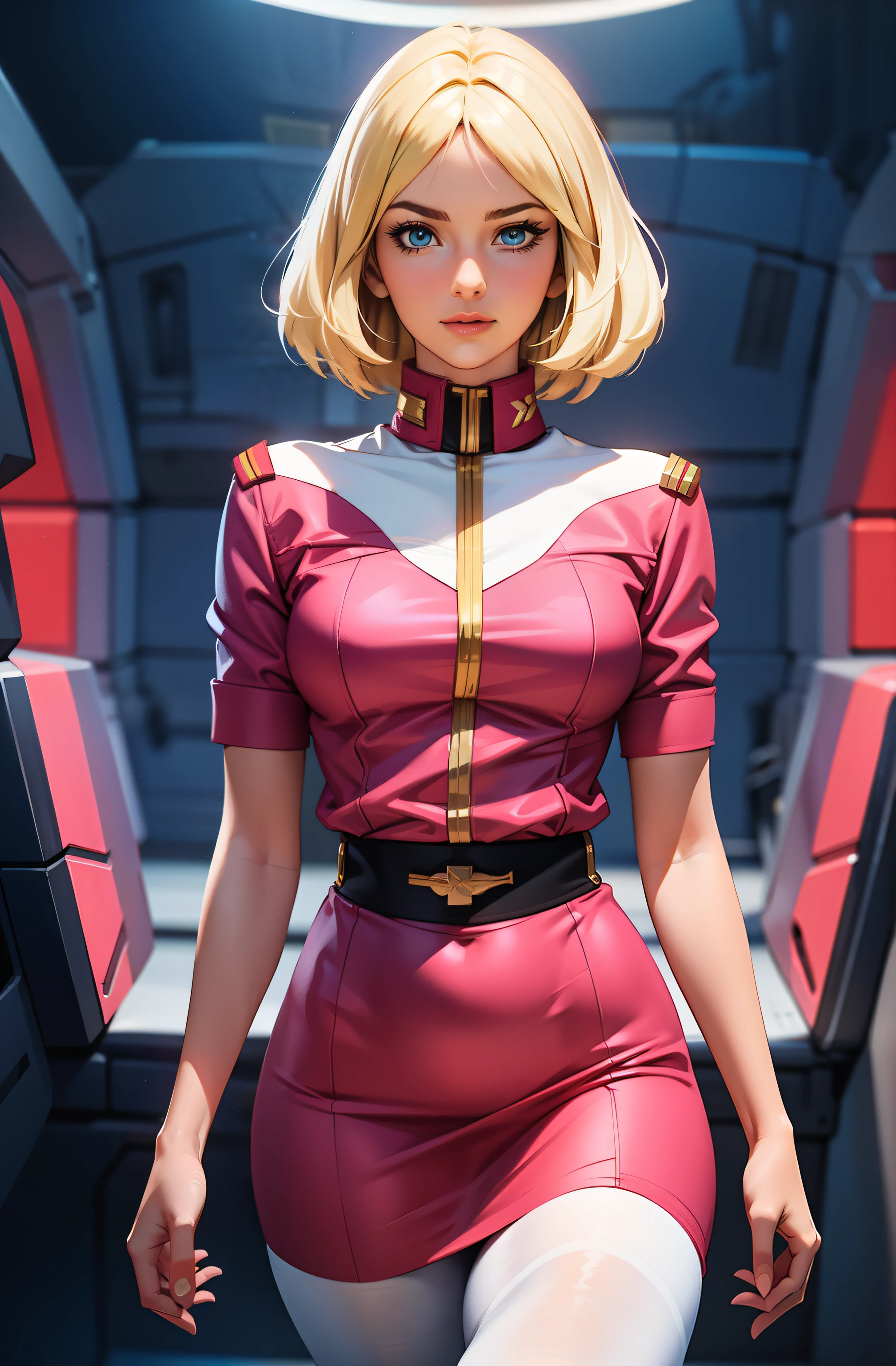 ((masterpiece)), ((cinematic lighting)), realistic photo、Real Images、Top image quality、1girl in, sayla mass, Elegant, masterpiece, Convoluted, slim arms, wide hips, thick thighs, thigh gaps, Best Quality, absurderes, high face detail, Perfect eyes, mature, Cowboy Shot, , Vibrant colors, soft pink uniform, soft pink Skirt, white tights