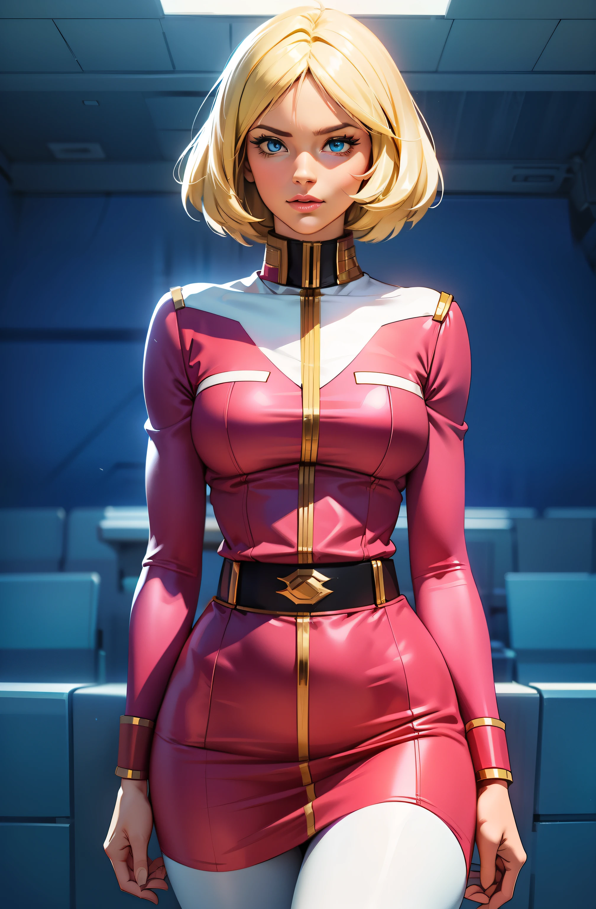((masterpiece)), ((cinematic lighting)), realistic photo、Real Images、Top image quality、1girl in, sayla mass, Elegant, masterpiece, Convoluted, slim arms, wide hips, thick thighs, thigh gaps, Best Quality, absurderes, high face detail, Perfect eyes, mature, Cowboy Shot, , Vibrant colors, soft pink uniform, soft pink Skirt, white tights