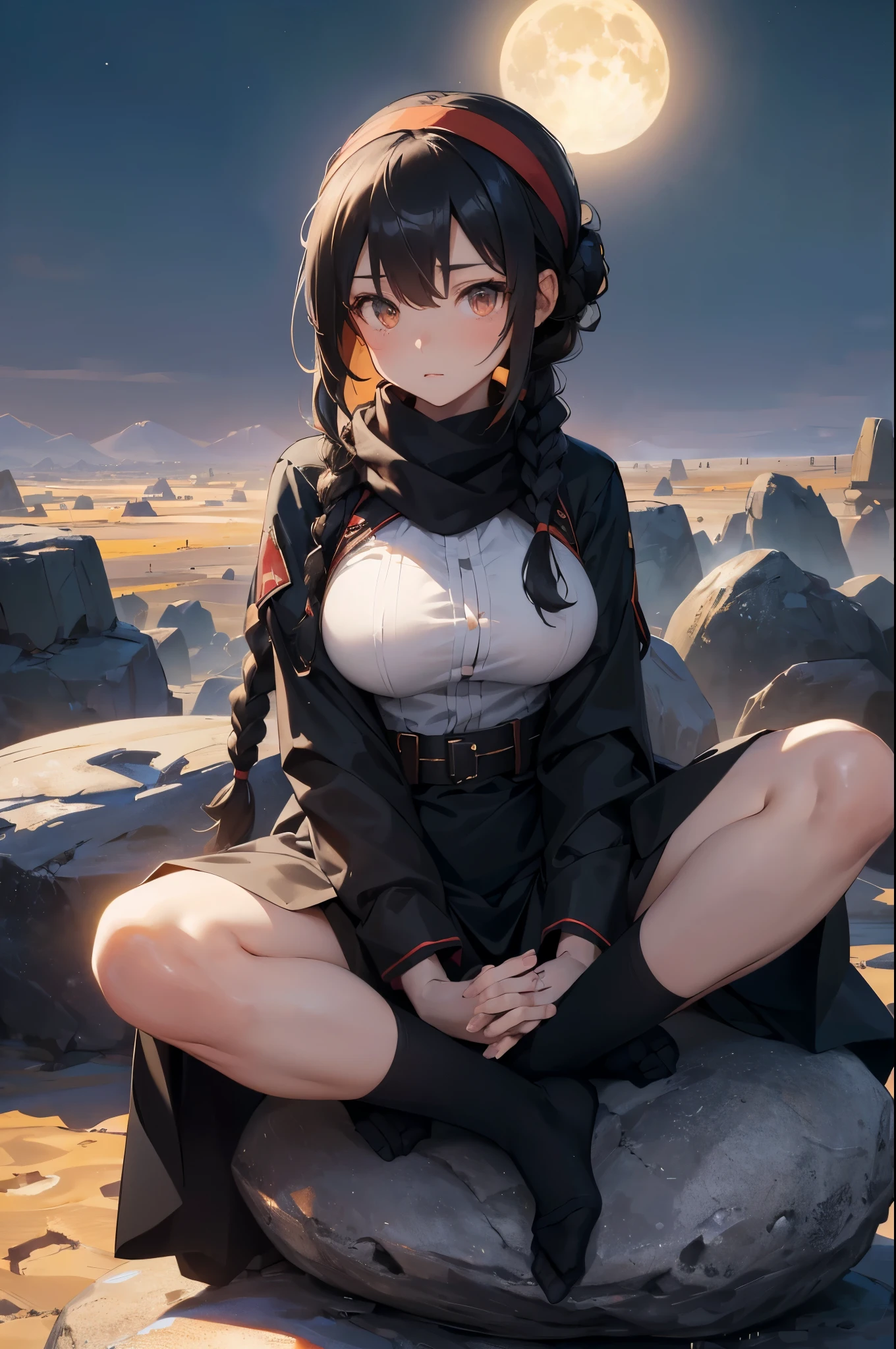 A woman with long black hair and white clothes, (On a rock in the desert:1.5), (Rest in the oasis:1.2, sits with legs spread:1.5, Yoga poses, Sit cross-legged:1.3, Indian style, Before the full moon:1.2), Arab, (post apocalyptic:0.0), from the night of the ark, Artwork in the style of Guweiz, Bodisbian, Fine details. Girls Frontline, Beautiful anime illustration, from Girls Frontline, author：Yang Jie, amazing, 26 years old, (milf:1.3), (Solitary:1.5), (SFW:1.25), Breast sagging, Large Breasts, Large target , Thin waist, Large target ass, Sexy bulge, (Dark mahogany short hair, Hair Bun, Hair covering one eye, asymmetrical hair, Carly hair, low braids),(Muslim, 白色scarf, Headband, Today&#39;s Head, scarf), (Ultra-high resolution, 8k RAW photos, Photorealism, Thin outline:1.3, Be focused), Best quality, natural lighting, Blurred background, Depth of Field, Bokeh, (Smart pupils, Delicate and beautiful eyes, High detail face), Red lips, Look away, (Dynamic Angle, Front view:1.1, Crotch focus:1.3, from above), Dynamic poses, Sexy posing, lean forward, seductive smile, Center image, (Wearing a long white coat and clothes, Wearing a white robe, Platinum jewelry, Rolling up white clothes at the waist, Camel brown long leather boots:1.3, Translucent lace pantyhose), ((Correct anatomy:1.5)), ((outdoor:1.2, in one night:1.3)),巨Large target , Crazy breast swelling, Chest larger than shoulder blades, Big breasts and thin waist，(巨Large target breasts:1.2)，Hydrated skin（（rogue））（（非常巨Large target乳房）），（（Grooves reveal original skin））