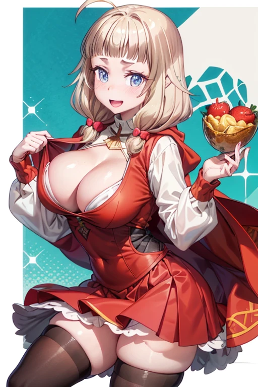masterpiece,her age is 19 years old,(pointed chest:1.3), cleavage:1.1,(double breasted:1.2,under bust:1.2), a silver blonde haired girl, wearing a brown viking clothes, curly medium hair, beautiful hair, slim body, wearing furry capelet with hoody, he close her left eye, shirt ornament, aqua eyes, sho show her back, ahoge, red vest, baby face, big breast, beautiful breasts, rounded breasts, braid hair, long sleeves, beautiful eyes, white stocking, droopy eyes, smile, (with sparkling eyes and a contagious smile),open mouth, Looking at Viewer,