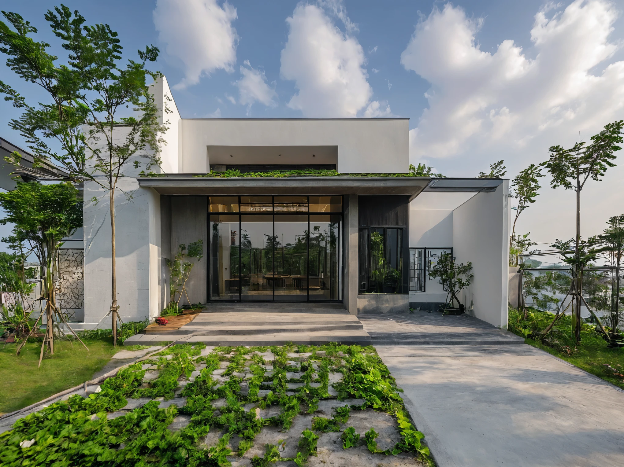 Masterpiece, high quality, best quality, authentic, super detail, outdoors, house style modern,bietthuhn, white wall, glass windows, gate road,pavement, grass, trees,blue sky, cloud, (day:1.1), realistic lighting, garden in front
