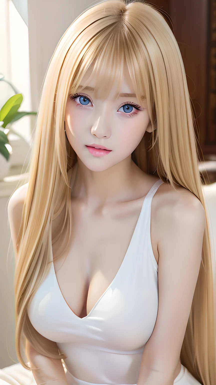 Beautiful super long straight silky hair with a dazzling golden shine、Bright expression、Blonde girl posing in a white top、long golden bangs between the eyes of the eyes,,,、Glossy fair skin、Glowing Cheeks、Reality Girls、16-year-old girl、Beautiful girl with shining golden platinum blonde、Beautiful big bright blue eyes