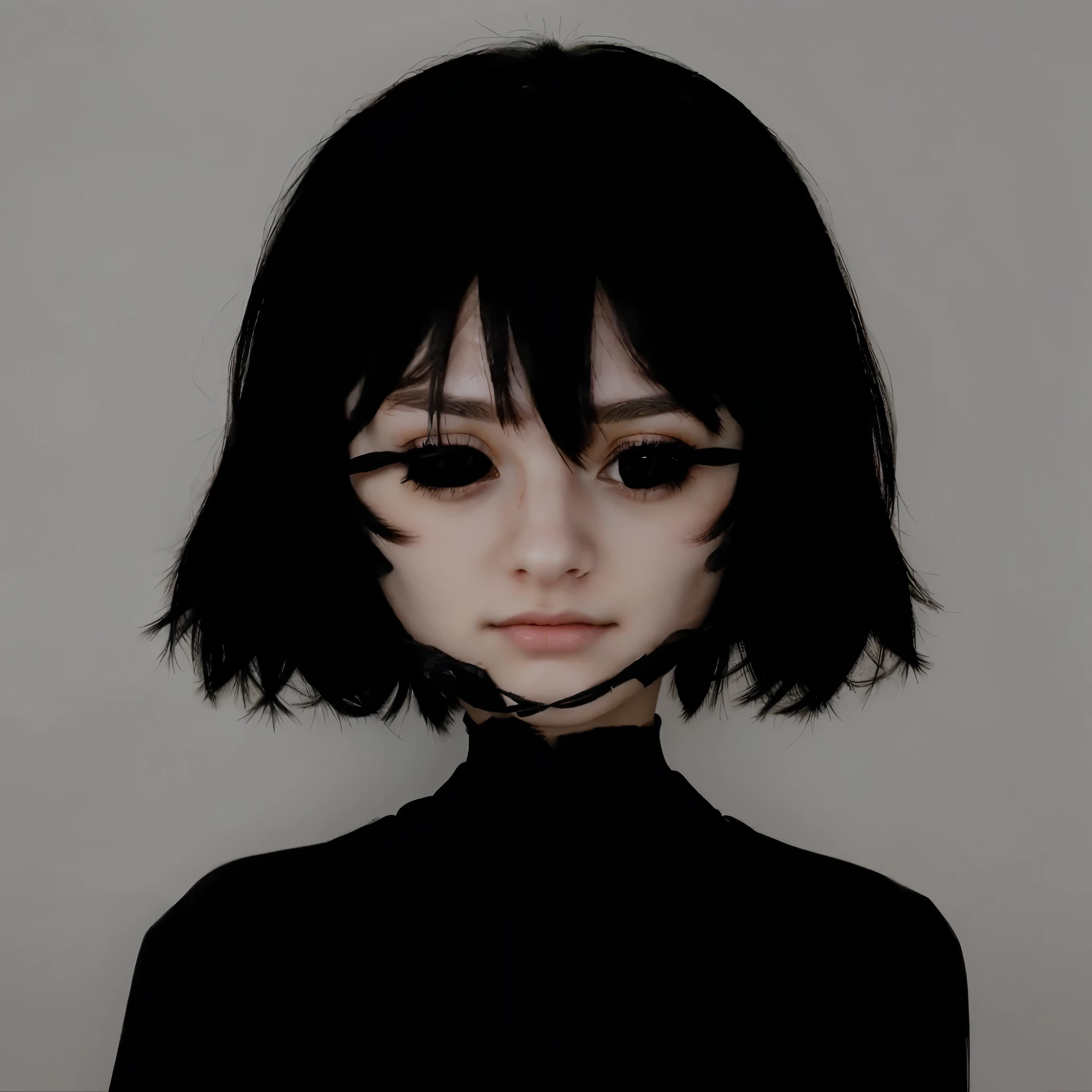 girl with black hair, haunted sad expression, short hair, realistic girl