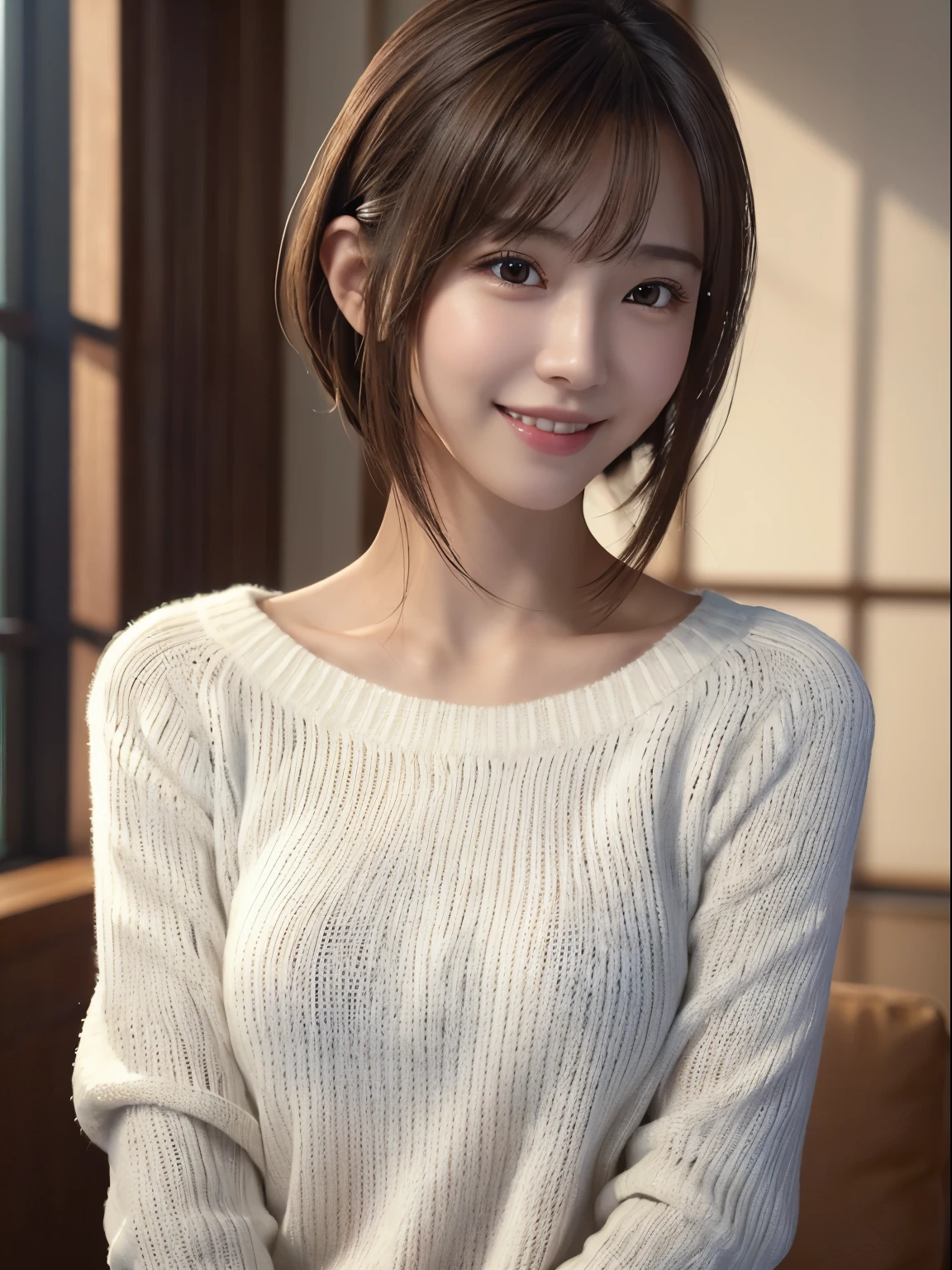 1 Japanese girl,(White sweater:1.4), (RAW Photos, highest quality), (Realistic, Realistic:1.4), Tabletop, Very delicate and beautiful, Very detailed, 8k wallpaper, wonderful, In detail, Very detailedなCG Unity, High resolution, Soft Light, Beautiful details 19 years old, Very detailedな目と顔, Beautiful and detailed nose, Beautiful details,Cinema Lighting,Perfect Anatomy,Slender body,smile (Asymmetrical bangs,)