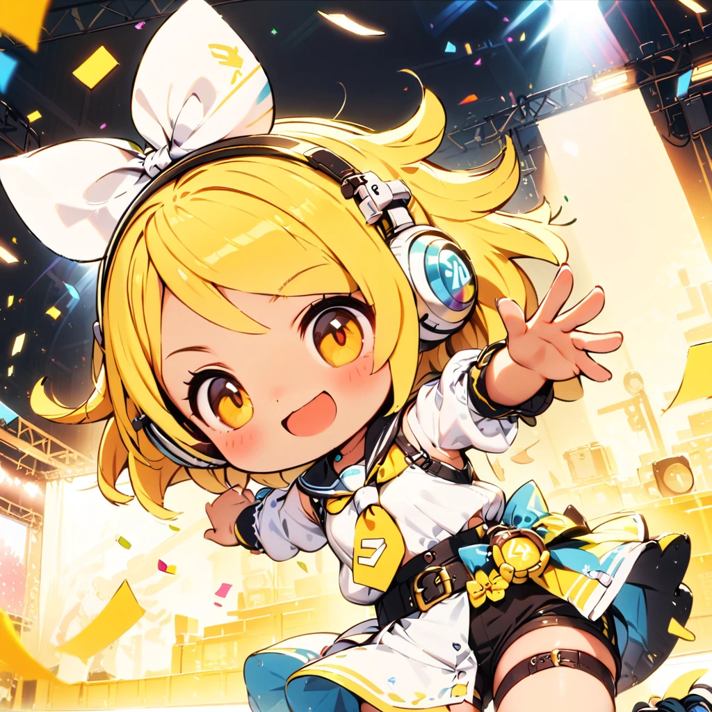 KAGAMINE RIN\(vocaloid\),solo,1female\(cute,kawaii,age of 10,KAGAMINE RIN\(vocaloid\),light yellow hair, short hair,red tattoo of numbers"02" on shoulder,(big white bow),sleeveless white shirt,detached black arm bell sleeves,(arm sleeves are black bell sleeves:1.2),belt,sailor collar,yellow wide tie,white headphones,black short pants,black knee high leg warmers,yellow key strap at belt,open shoulder,singing and dancing,(very cute pose:1.5),(korean idol pose:1.5),dynamic pose,(very cute big smile),looking away\), BREAK ,background\(live stage,colorful confetti,pastel color spotlights,(many colorful music note signs),many audience waving yellow glow sticks,\), BREAK ,quality\(8k,wallpaper of extremely detailed CG unit, ​masterpiece,hight resolution,top-quality,top-quality real texture skin,hyper realisitic,increase the resolution,RAW photos,best qualtiy,highly detailed,the wallpaper,cinematic lighting,ray trace,golden ratio\),RIN is so so cute,dynamic angle,(anatomicaly correct hand),chibi RIN is waving hand saying good bye!