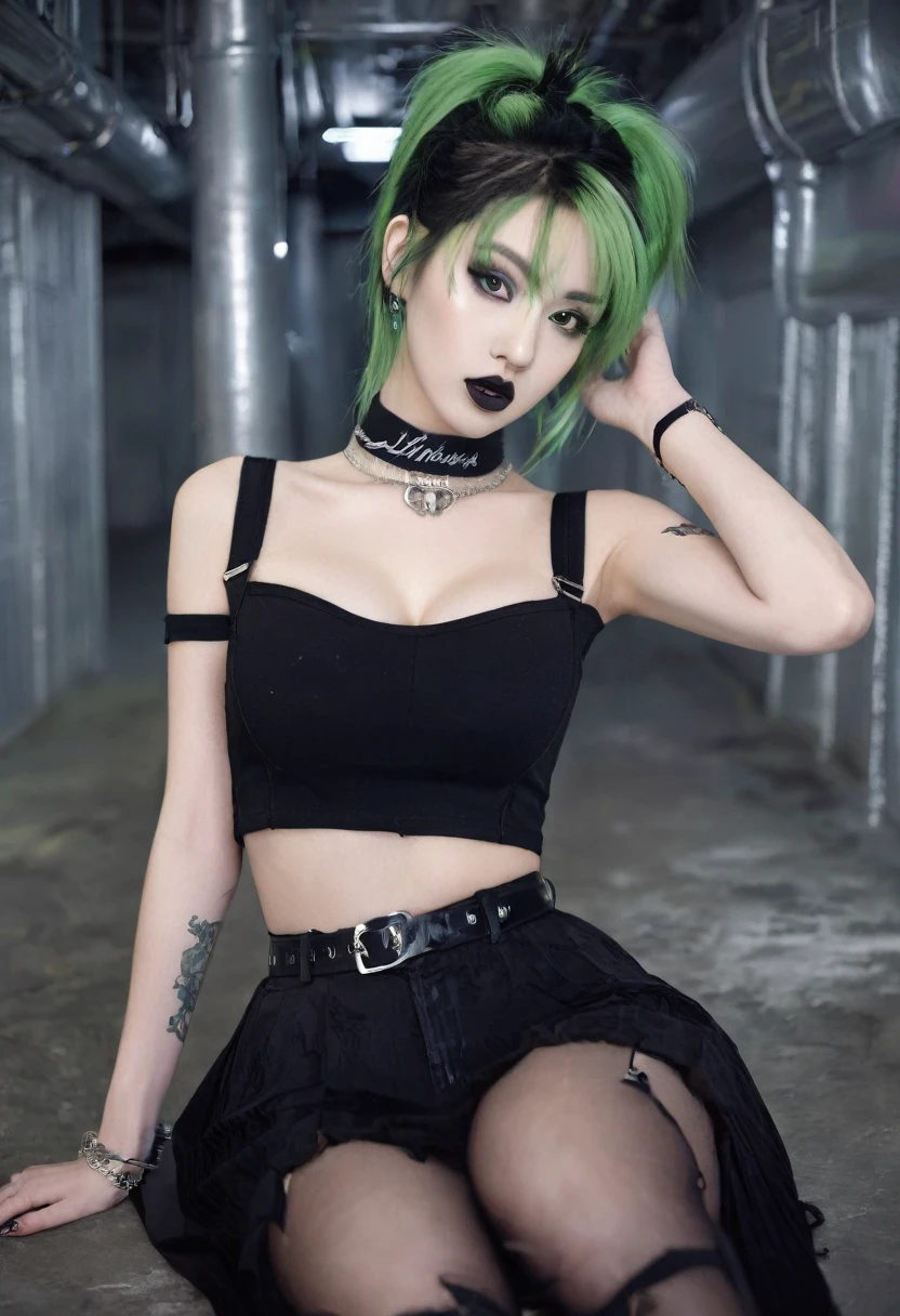 Asian bimbo girl,goth,Long eyelashes ,big lips,enlarged lips,big fake tits,gigantic round butt,big green eyes,black lipstick,narrow waist,perfect abs, Curvy shapes,perfect body,long legs,gothic makeup,(clothes:gothic outfit , Black T-shirt with pintogram print,black pleated puffy skirt,black stockings with belt,ankle boots,suspenders,silver chain,choker),(sexy pose,kneeling),(location: Basement ),(character:hooker),(hyper realistic),(detailed face),ahegao face,ecstasy face,face after sex, long Mohawk ashen color,half face