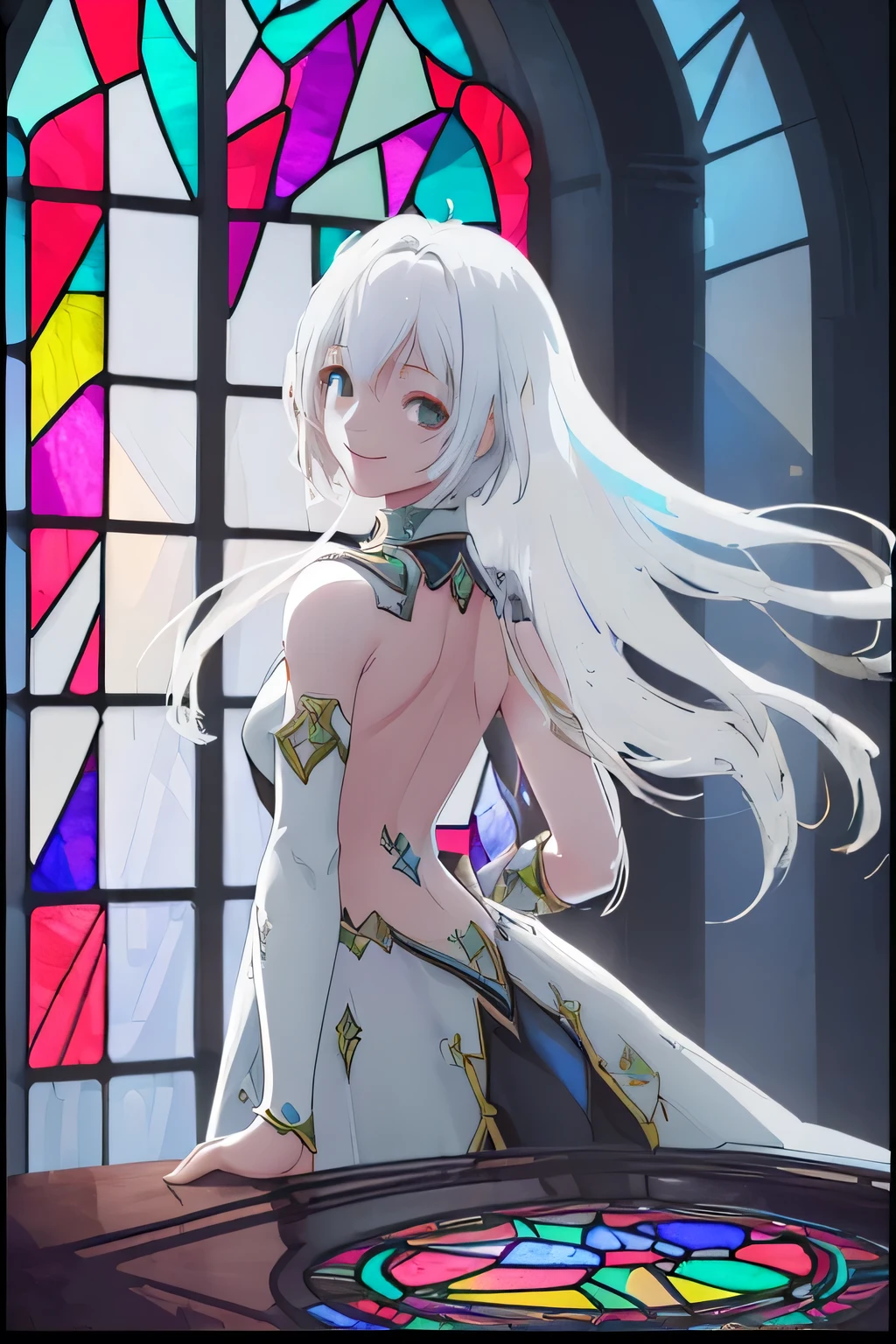 (((Tabletop))), high quality, Very detailed, 4K, 8k, With a girl, alone, (smile:1.3), (Stained glass:1.2), (Backlight:1.5), (bright:1.5), (White Background), Upper Body, Ultra-thin illustration, Real Photo, Line art, Approaching perfection, Very detailedな, Concept Art, Spectacular, Cinematic. Unreal Engine 5,