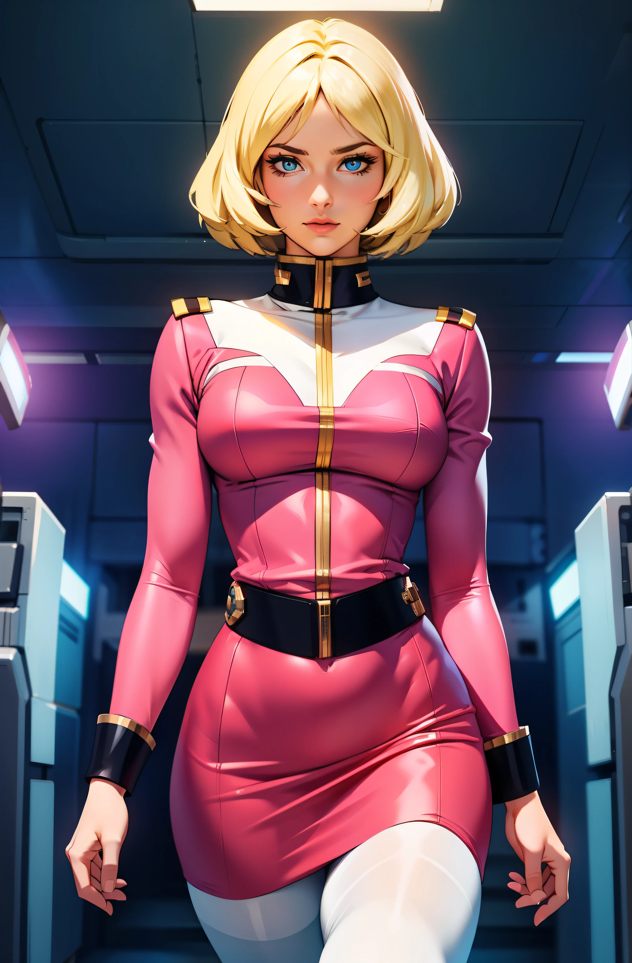 ((masterpiece)), ((cinematic lighting)), realistic photo、Real Images、Top image quality、1girl in, sayla mass, Elegant, masterpiece, Convoluted, slim arms, wide hips, thick thighs, thigh gaps, Best Quality, absurderes, high face detail, Perfect eyes, mature, Cowboy Shot, , Vibrant colors, soft pink uniform, soft pink Skirt, white tights
