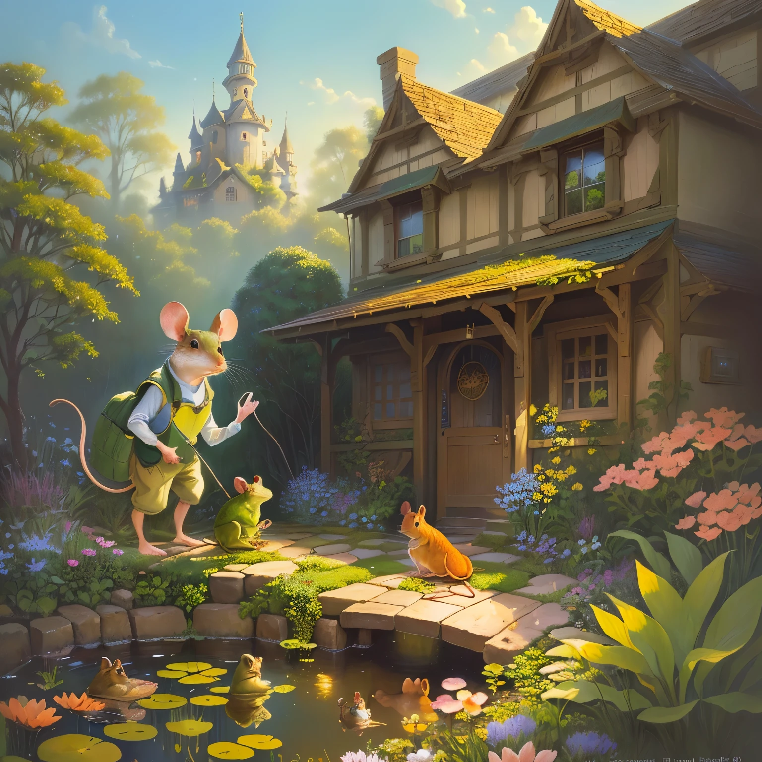 Oil painting of a mouse and a frog in a garden with a pond, Full color illustrations, Anthropomorphic mouse, Storybook illustration, Storybook illustration, rat tribe, cute Storybook illustration, Todd Shore highly detailed, Todd Shore, Children&#39;s Book Illustrations, Children&#39;s book illustrations, Children&#39;s Book Illustrations, Children&#39;s book illustrations, darrell k sweet, Mouse in clothes，Sunset，Warm atmosphere sunshine