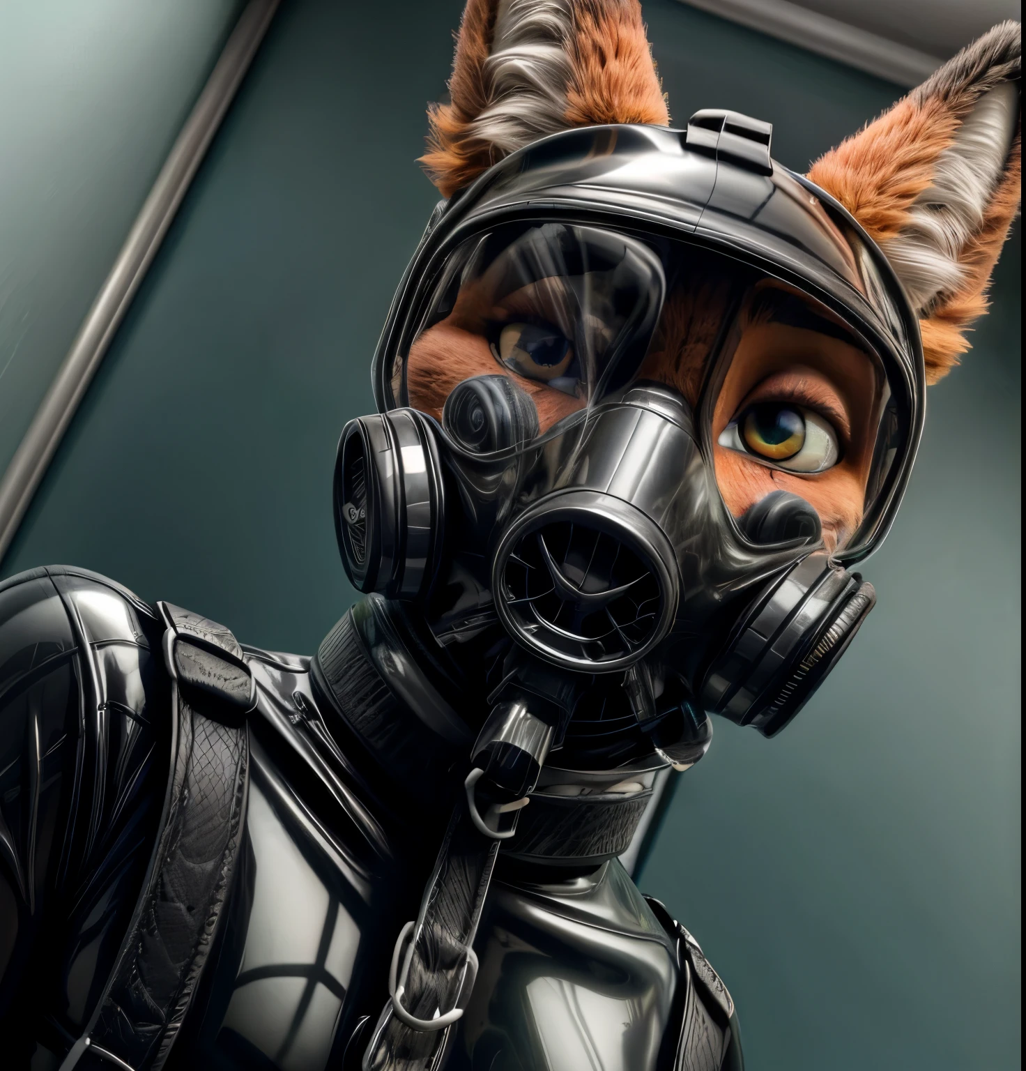 Photograph, realistic, 4k, Solo, furry, Nick Wilde, black rubber, medical examination room, (latex suit), looking at viewer, sweating, (detailed eyes, white sclera, ultra detailed eyes), low angle camera, viewer wearing latex and strapped to gurney, in love, (lustful), smug, (gas mask), pastel gas mask, low angle camera, gurney