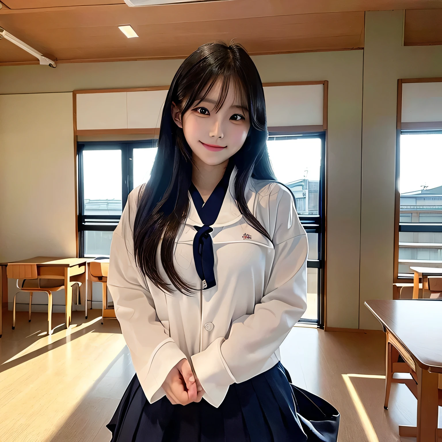 Masterpiece 8k、Top image quality、symmetrical eyes、drooing eyes、japanaese girl、A smile、Japanese high school  no wearing suits、Background is a Japan school classroom