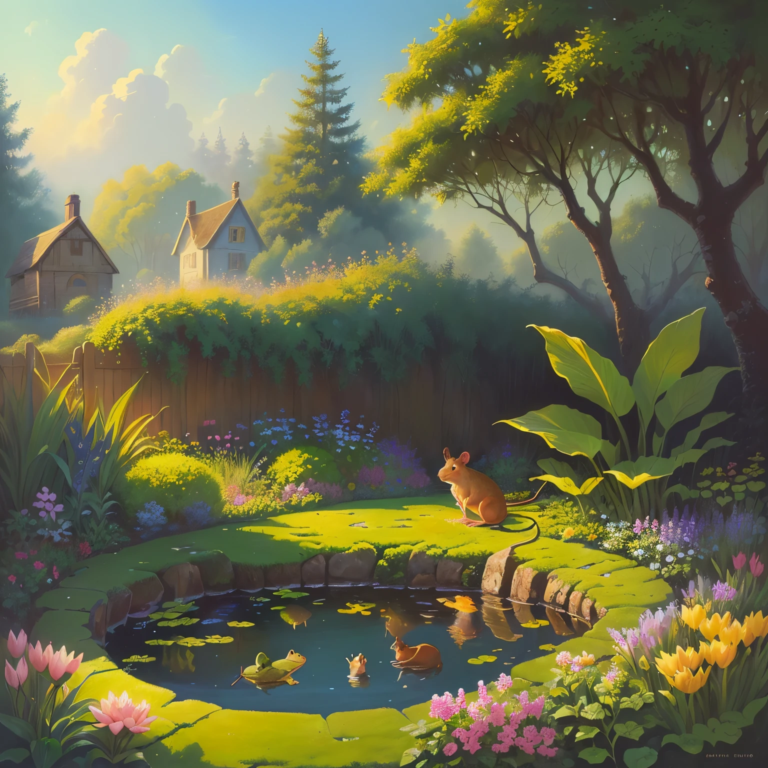 Oil painting of a mouse and a frog in a garden with a pond, Full color illustrations, Anthropomorphic mouse, Storybook illustration, Storybook illustration, rat tribe, cute Storybook illustration, Todd Shore highly detailed, Todd Shore, Children&#39;s Book Illustrations, Children&#39;s book illustrations, Children&#39;s Book Illustrations, Children&#39;s book illustrations, darrell k sweet, Mouse in clothes，Sunset，Warm atmosphere sunshine