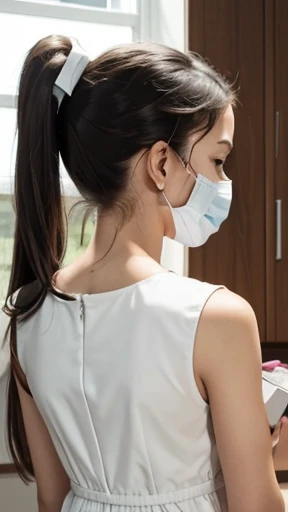 A girl with a ponytail wearing a white dress is holding a medicine box