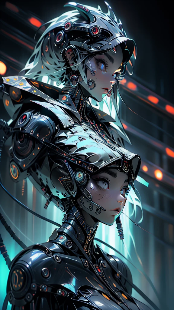 The prompt for the given theme is: "black color, ram's head, Death's scythe, infernal horror, overlooking, tattered clothes, downward gaze, illustrations, highres, ultra-detailed, dark fantasy, sharp focus, vivid colors, dramatic lighting, bokeh". female robot pilot, mechanical creature, electronic wires relays computer nerves, girl face, dystopian surrealism, alex ries zdzisaw beksinski giger, very intricate details, demon chinese female, deep luminous eyes contain galaxies, head contains nebula, deep aesthetic, concept art, carved silver circuits diodes resistors semiconductors, highly ornate
