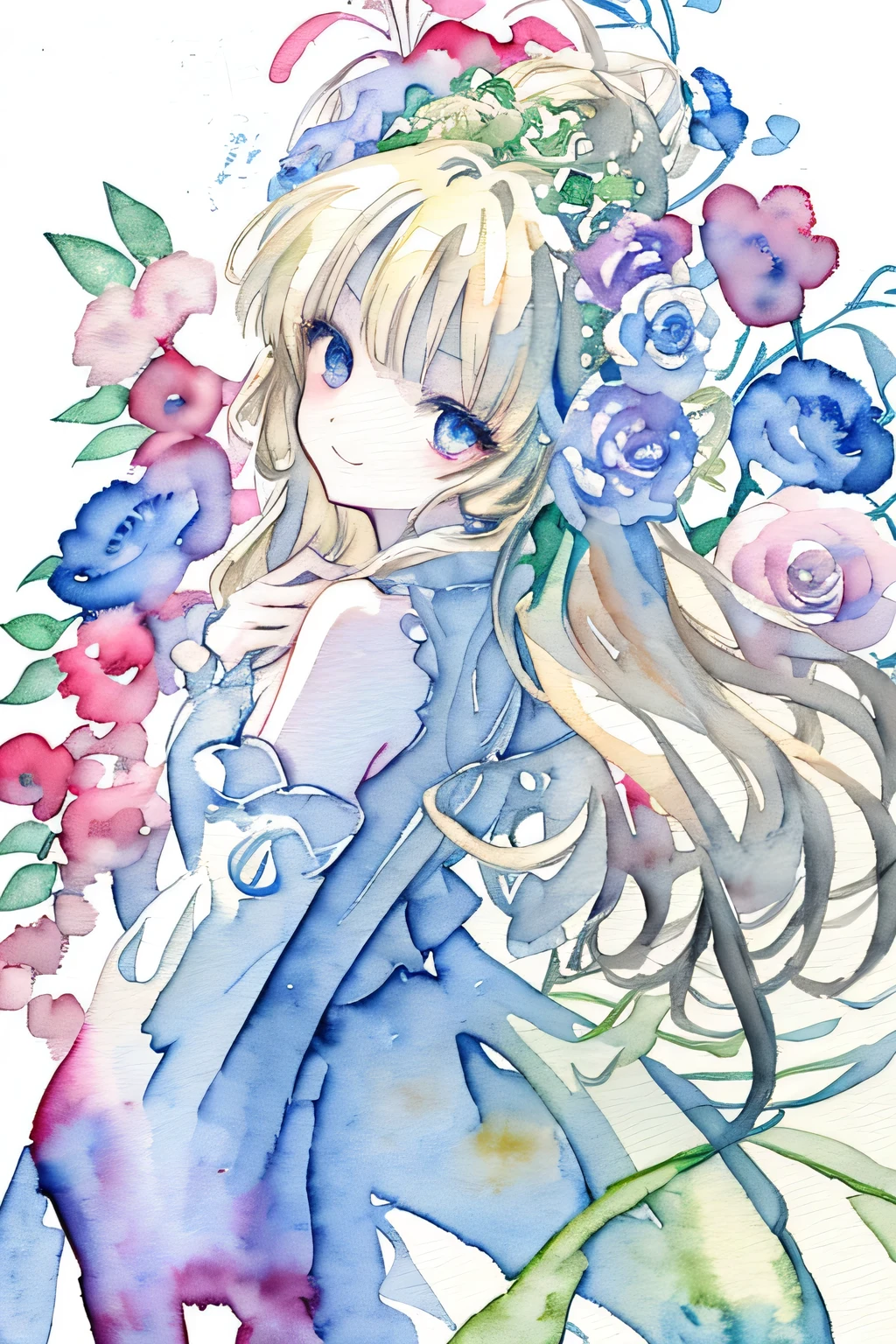 Best Photos、An illustration、detailed、(Watercolor:1.4)、(Hand-drawn:1.2)、(Watercolor Brush Hair)、 masterpiece: 1.7, highest quality、solo、Show me your back、Picturesque、sketch、Paper Texture、超A high resolution、extra detailedd face、Highly detailedd eyes、Flat Color、Limited palette、High Contrast、Realistic、Best lighting、welcome、elegant、Leprechaun、Mature Woman、Beautiful woman、Jewel Eyes、Blonde、Straight hair、Blue Gem、Smile a little、Blanche:1.5、(Tangle、Mandala、Tangle、Intertwined:1)、Background Flowers、Lots of flowers