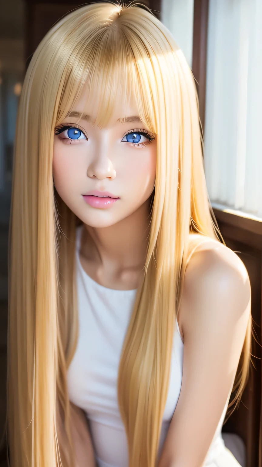 Beautiful super long straight silky hair with a dazzling golden shine、Bright expression、Blonde girl posing in a white top、long golden bangs between the eyes of the eyes,,,、Glossy fair skin、Glowing Cheeks、Reality Girls、、Beautiful girl with shining golden platinum blonde、Beautiful big bright blue eyes