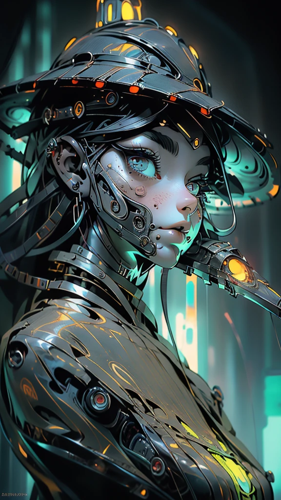 The prompt for the given theme is: "black color, ram's head, Death's scythe, infernal horror, overlooking, tattered clothes, downward gaze, illustrations, highres, ultra-detailed, dark fantasy, sharp focus, vivid colors, dramatic lighting, bokeh". female robot pilot, mechanical creature, electronic wires relays computer nerves, girl face, dystopian surrealism, alex ries zdzisaw beksinski giger, very intricate details, demon chinese female, deep luminous eyes contain galaxies, head contains nebula, deep aesthetic, concept art, carved silver circuits diodes resistors semiconductors, highly ornate