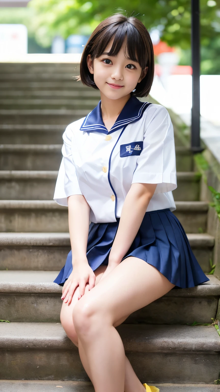 ((wearing white Japanese summer high-school uniform's shirt and navy-blue Japanese summer high-school uniform's pleated skirt over yellow bikini-pants):1.3), Best-quality, Masterpiece, Ultra-High-Resolution, (Photorealistic:1.4), Raw Photo, depth of field, professional lighting, perfect anatomy, extremely details, 1girl, 15-years-old, the most famous Japanese idol, sitting on stairs, ((extremely cute face, (((extremely cute and extremely big eyes))), extremely beautiful short-cut-haired, extremely beautiful skins)), realistic skin texture, extremely beautiful thighs, innocent-smile