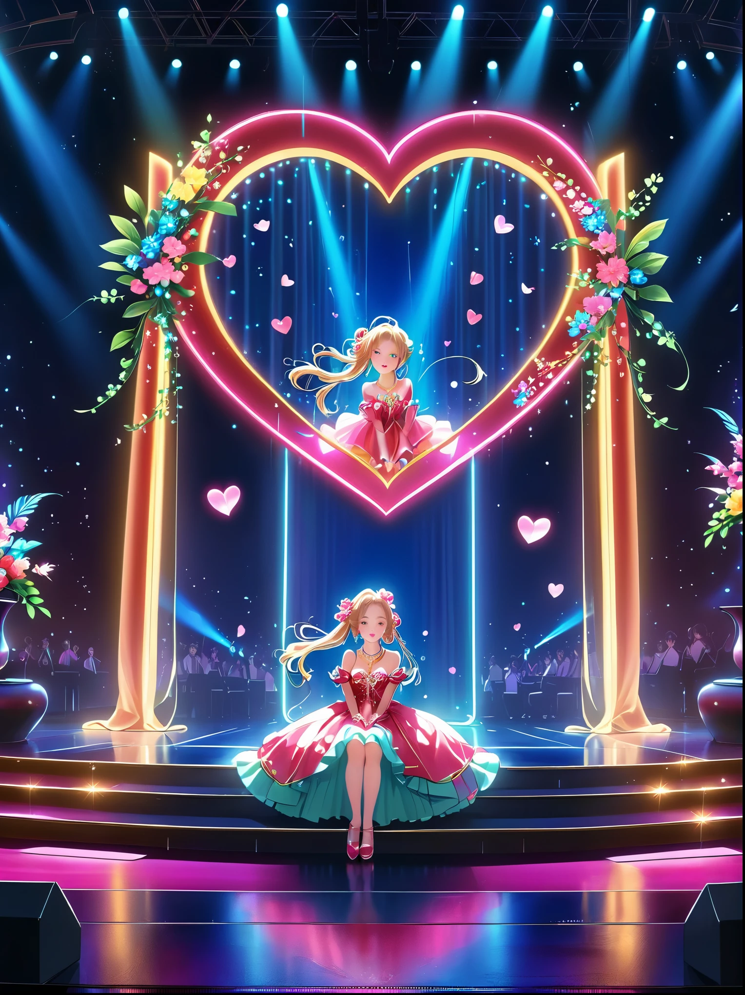 (Vision:1.5)，1girl, concert，audience, (Idol stage)，Neon，((舞台light))，Colorful，vase，Flowers，curtain，crystal Light，Heart shaped stage curtain and benches，Ballroom Background，Stage Background，chandelier，Anime Background Art Style Anime，Kingdom of Light Background，dazzling stage，Stadium Background，Colorful anime background，Stunning and mysterious，****sh，light,Colorful，light照在地板上