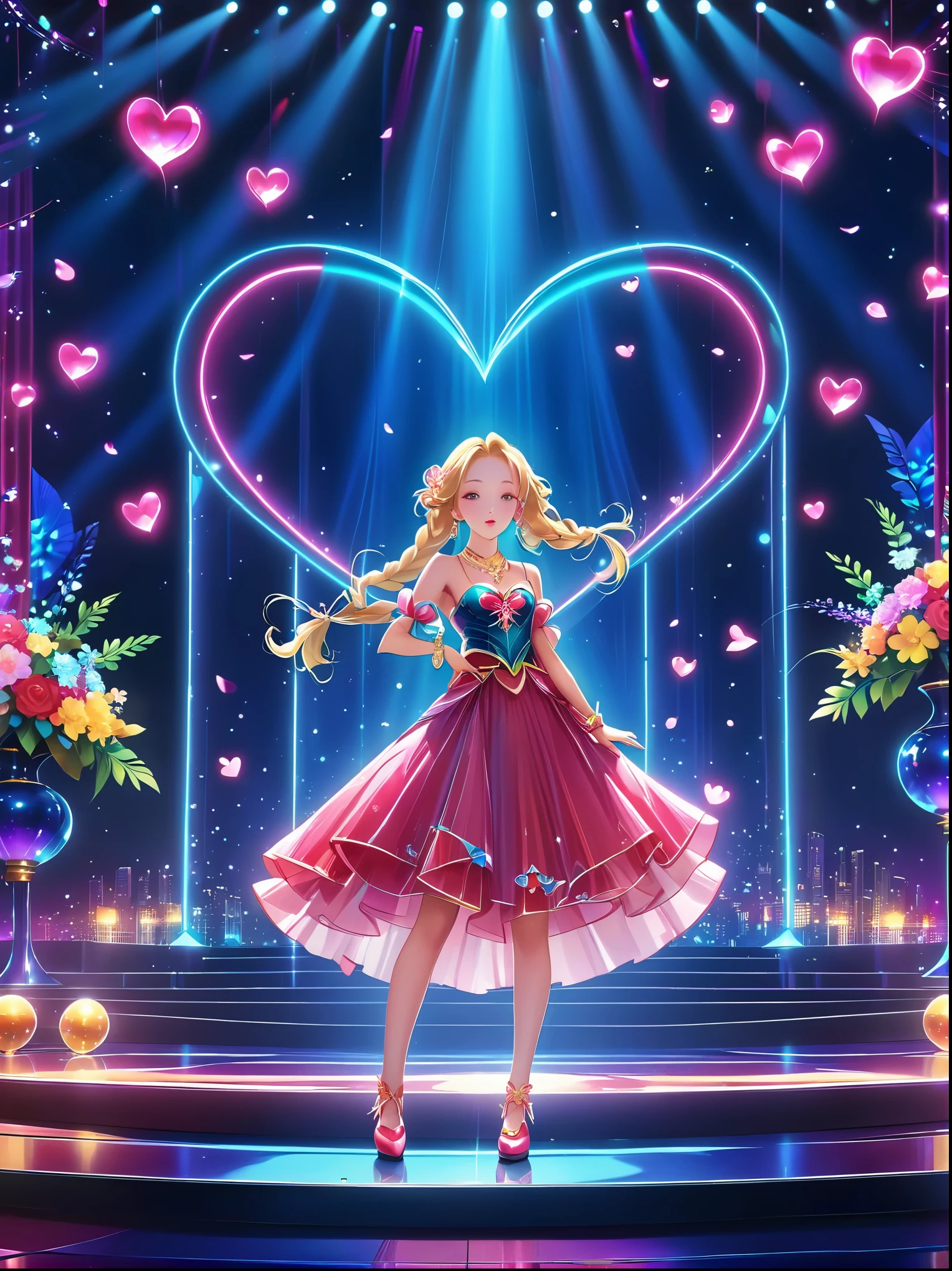 (Vision:1.5),1girl, concert,audience, (Idol stage),Neon,((舞台light)),Colorful,vase,Flowers,curtain,crystal Light,Heart shaped stage curtain and benches,Ballroom Background,Stage Background,chandelier,Anime Background Art Style Anime,Kingdom of Light Background,dazzling stage,Stadium Background,Colorful anime background,Stunning and mysterious,sh,light,Colorful,light照在地板上