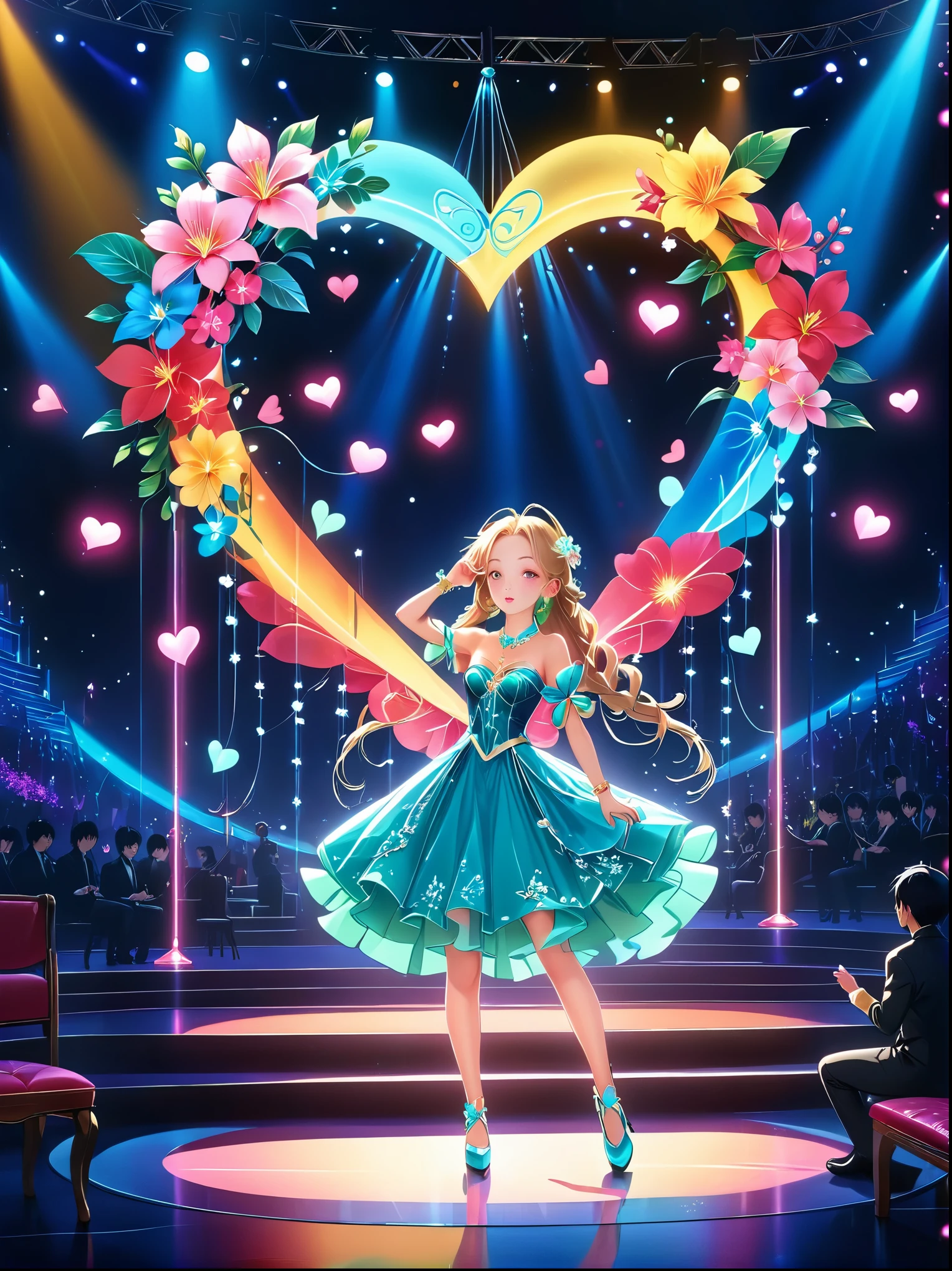 (Vision:1.5)，1girl, concert，audience, (Idol stage)，Neon，((舞台light))，Colorful，vase，Flowers，curtain，crystal Light，Heart shaped stage curtain and benches，Ballroom Background，Stage Background，chandelier，Anime Background Art Style Anime，Kingdom of Light Background，dazzling stage，Stadium Background，Colorful anime background，Stunning and mysterious，Lolish，light,Colorful，light照在地板上