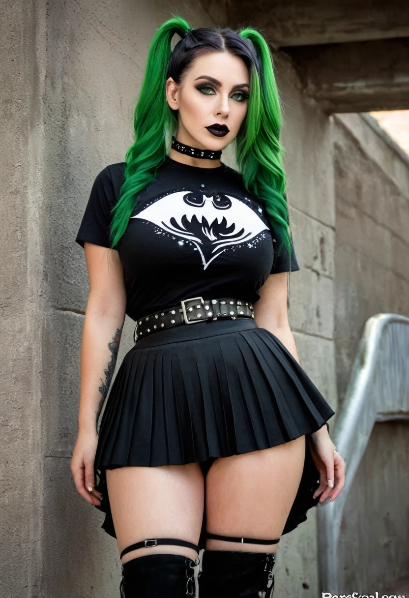 Asian bimbo girl,goth,Long eyelashes ,big lips,enlarged lips,big fake tits,gigantic round butt,big green eyes,black lipstick,narrow waist,perfect abs, Curvy shapes,perfect body,long legs,gothic makeup,(clothes:gothic outfit , Black T-shirt with pintogram print,black pleated puffy skirt,black stockings with belt,ankle boots,suspenders,silver chain,choker),(sexy pose,kneeling),(location: Basement ),(character:hooker),(hyper realistic),(detailed face),ahegao face,ecstasy face,face after sex, long Mohawk ashen color,half face 