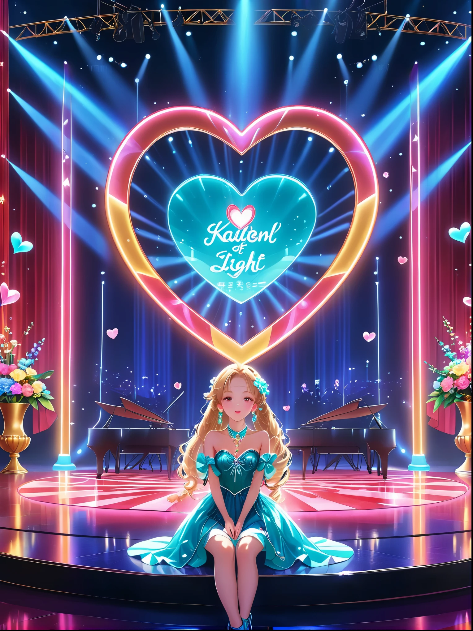 (Vision:1.5),1girl, concert,audience, (Idol stage),Neon,((舞台light)),Colorful,vase,Flowers,curtain,crystal Light,Heart shaped stage curtain and benches,Ballroom Background,Stage Background,chandelier,Anime Background Art Style Anime,Kingdom of Light Background,dazzling stage,Stadium Background,Colorful anime background,Stunning and mysterious,Lolish,light,Colorful,light照在地板上