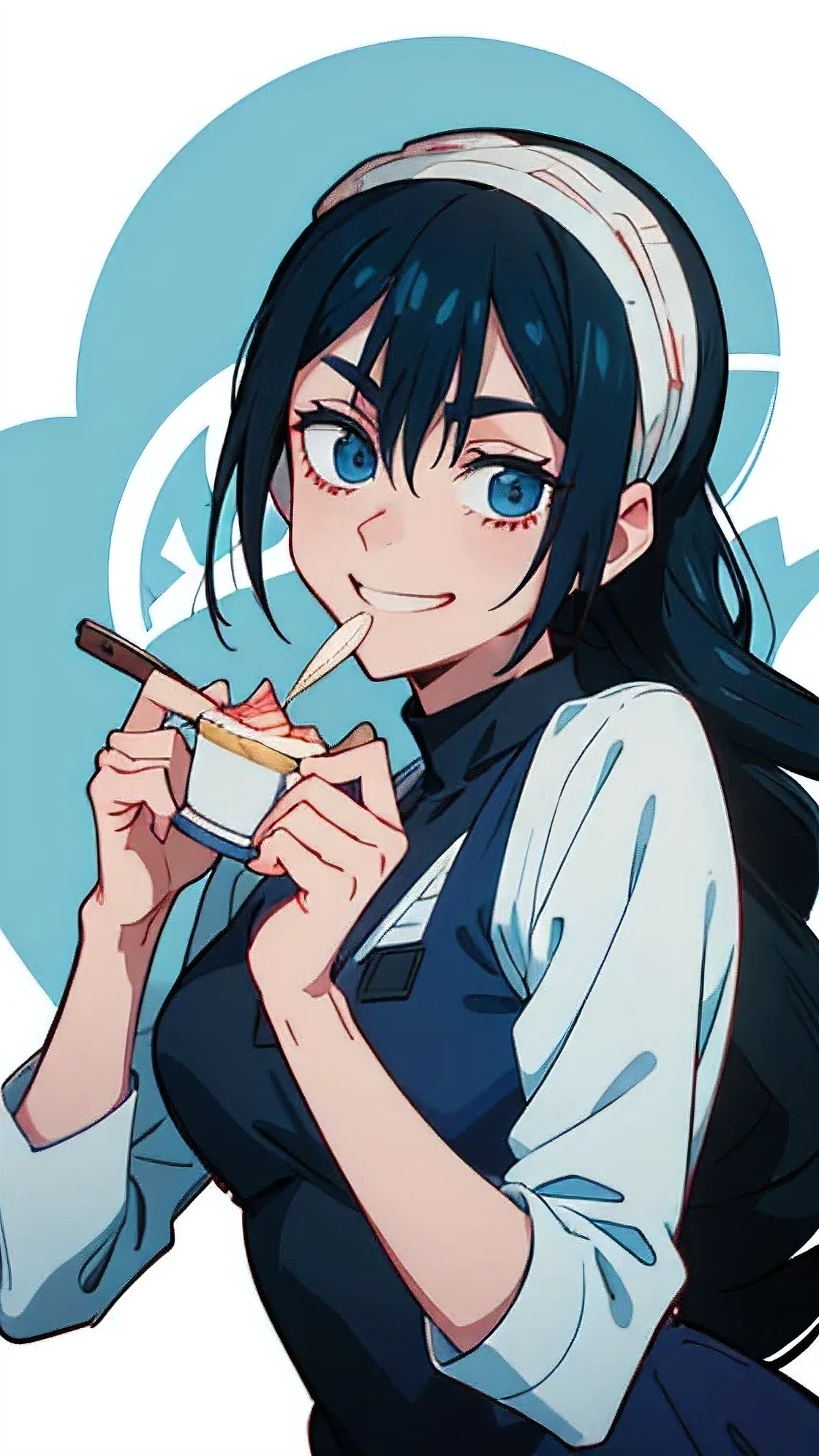 (highest quality,High resolution,Very detailed),Western sweets、Eating cake happily, Long Black Hair,Riko Amano(Jujutsu Kaisen)、 Sparkling blue eyes、spoon, A soft smile that seems to melt、Grin、Background Blur, Depth of the written border
