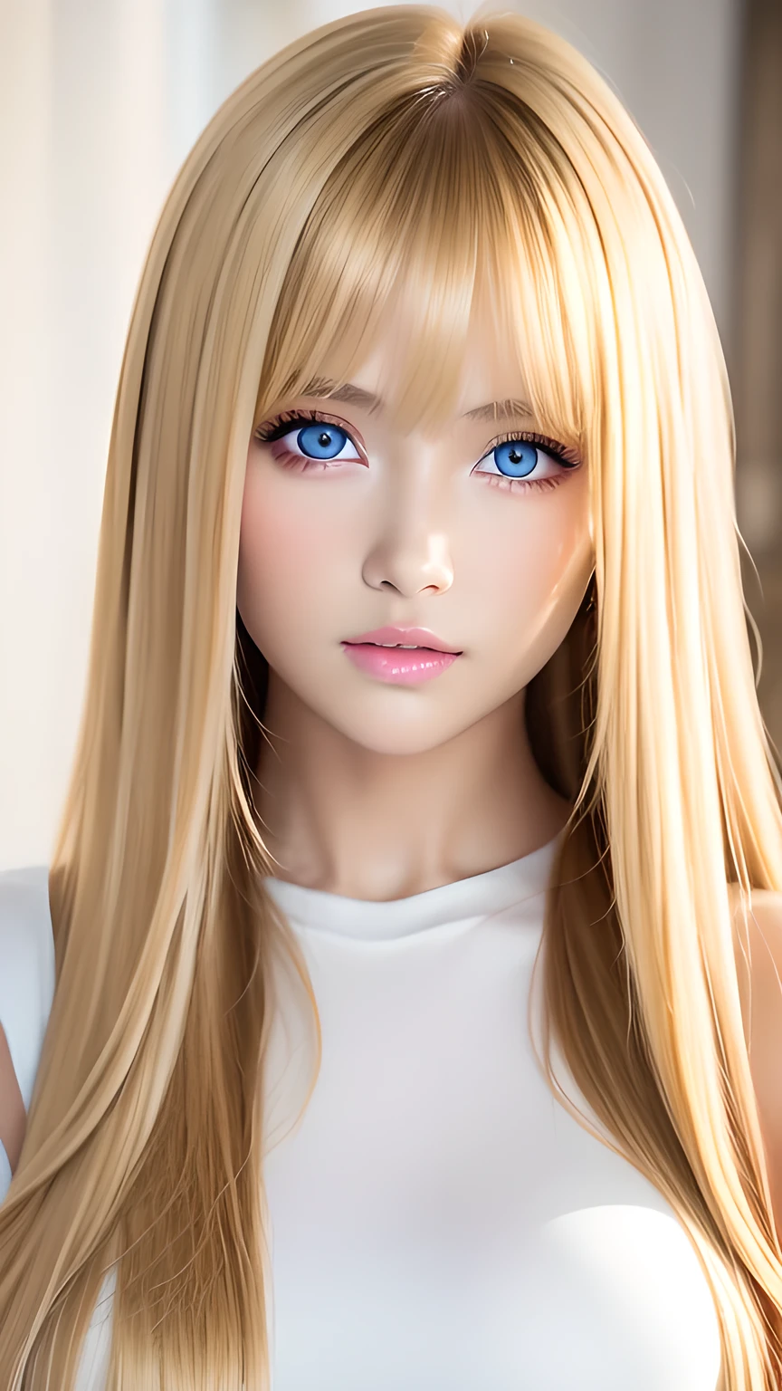 Beautiful super long straight silky hair with a dazzling golden shine、Bright expression、Blonde girl posing in a white top、long golden bangs between the eyes of the eyes,、Glossy fair skin、Glowing Cheeks、Reality Girls、16 year old beautiful girl、Beautiful girl with shining golden platinum blonde、Beautiful big bright blue eyes、Large double eyelids