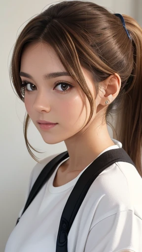 A young woman with light brown hair in a ponytail wearing a white outfit