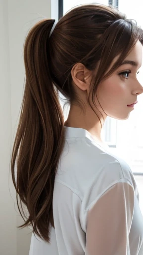 A young woman with light brown hair in a ponytail wearing a white outfit