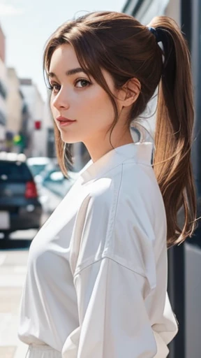 A young woman with light brown hair in a ponytail wearing a white outfit