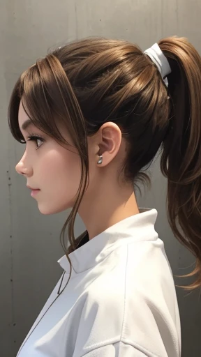 A young woman with light brown hair in a ponytail wearing a white outfit