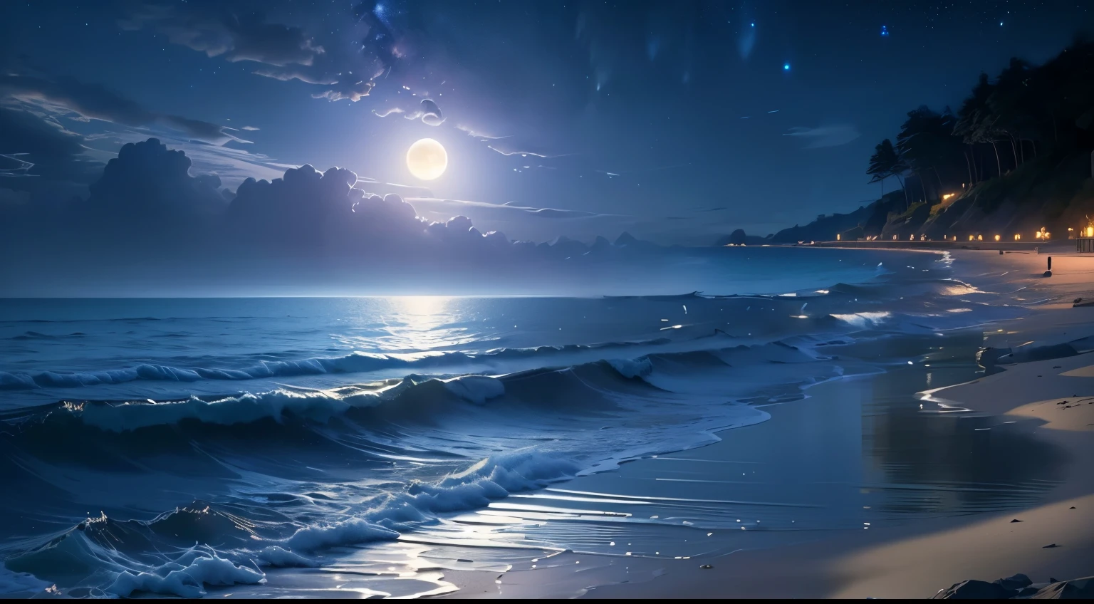 (Best Quality,4k,8K,hight resolution,Masterpiece:1.2),Ultra-detailed,(Realistic,Photorealistic,photo-realistic:1.37),Night Landscape, The sea, the stars, Romantic,Moonlight reflections,peaceful atmosphere,dimly lit beach,distant waves wash the shore,calm and quiet water,serene atmosphere,Twinkling starry sky,Dark silhouettes of trees,A gentle breeze,Rays of moonlight, Lighting up the stage,reflective sand,peaceful and surreal,Subtle shades of blue,Serene and soothing