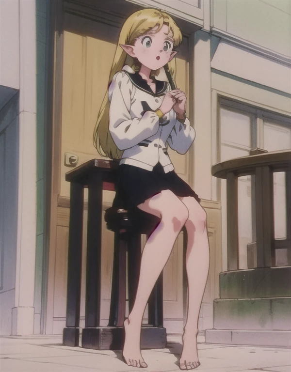 1girl, solo, projected inset, disneyland, day, own hands together, black hair, black braids, twin ponytails, blond eyes, elf, pointy ears, pompom, skirt, brush guard, bare feet, large breasts, :o .EPTakeuchiNaokoStyle, 1990s \(style\), anime screencap, retro artstyle, anime coloring, traditional media, 