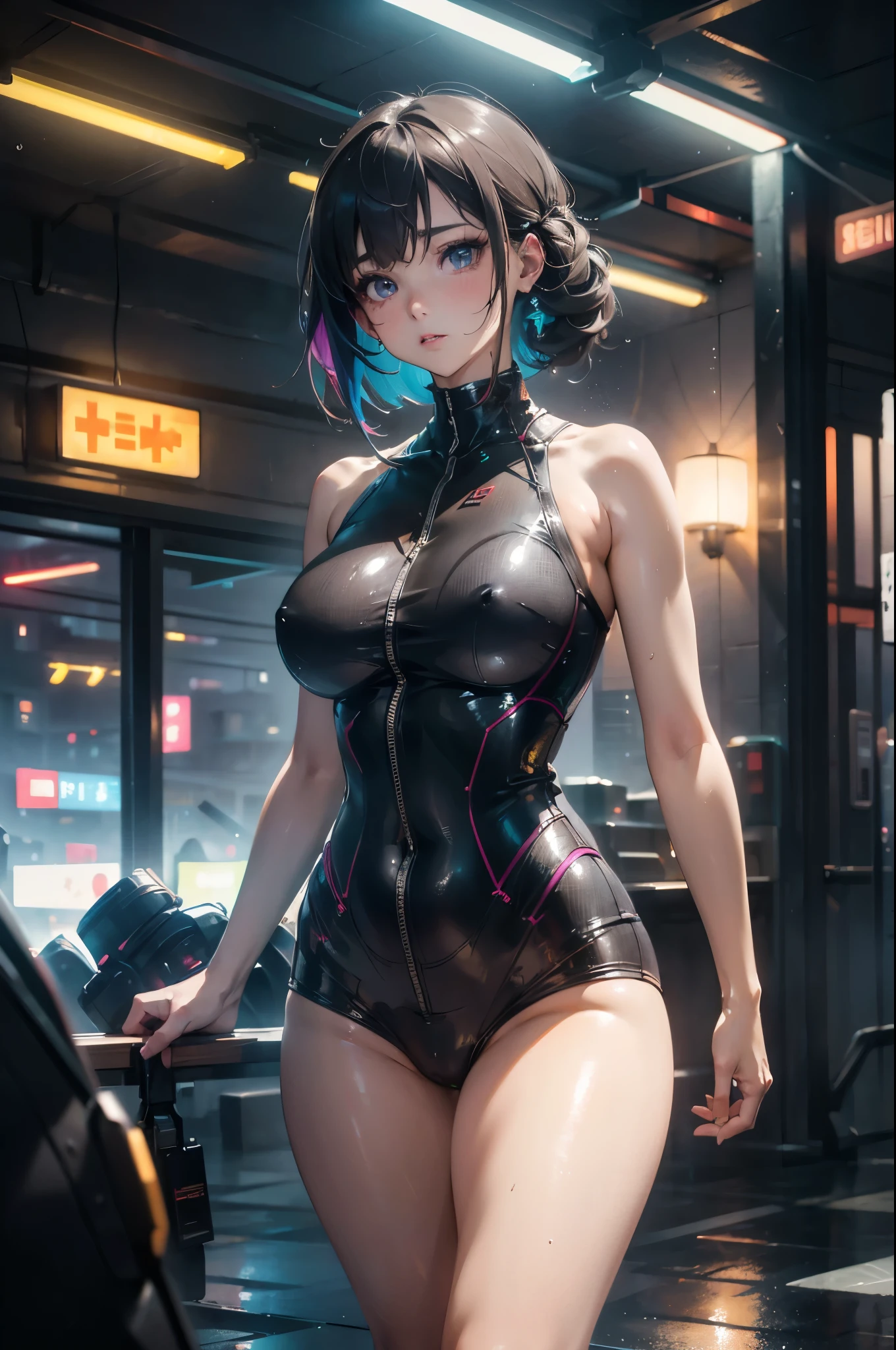 3/4 body shot, 16K, HDR, Ultra HD, best quality, ringing, Ray Tracing, hyper Practical, Ethereal Masterpiece, anime style, Dystopian City, Cyberpunk era, modern, Futurism, Long Shot, Beautiful woman, Detailed raindrops, Wear vibrant casual streetwear, translucent clothing, Chromatic Aberration, holographic, Rainbow Film RGB Clothing, sleeveless, cleveage, Large Breasts, Extremely beautiful and delicate eyes, Ultra-fine face, complicated, perfect, Model, Textured, Chiaroscuro, professional makeup, Practical, Rough, dominate, Figure in the box, From Wlop, light, The award-winning,