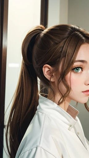 A young woman with light brown hair in a ponytail wearing a white outfit、Green Eyes