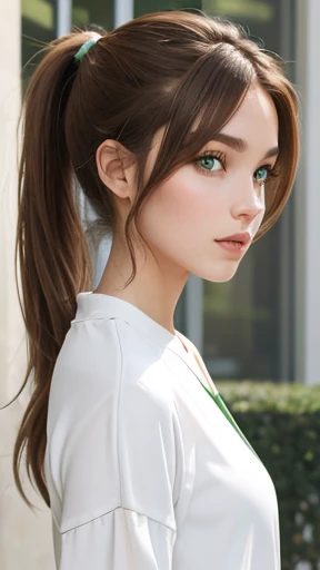 A young woman with light brown hair in a ponytail wearing a white outfit、Green Eyes