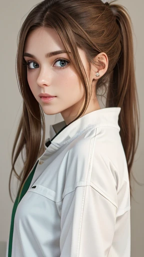 A young woman with light brown hair in a ponytail wearing a white outfit、Green Eyes