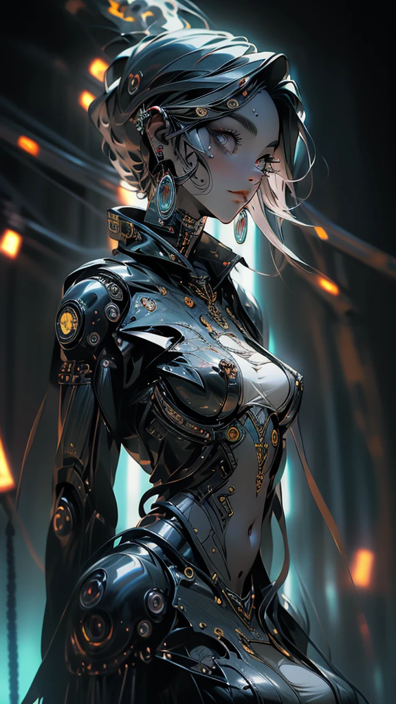 The prompt for the given theme is: "black color, ram's head, Death's scythe, infernal horror, overlooking, tattered clothes, downward gaze, illustrations, highres, ultra-detailed, dark fantasy, sharp focus, vivid colors, dramatic lighting, bokeh". female robot pilot, mechanical creature, electronic wires relays computer nerves, girl face, dystopian surrealism, alex ries zdzisaw beksinski giger, very intricate details, demon chinese female, deep luminous eyes contain galaxies, head contains nebula, deep aesthetic, concept art, carved silver circuits diodes resistors semiconductors, highly ornate