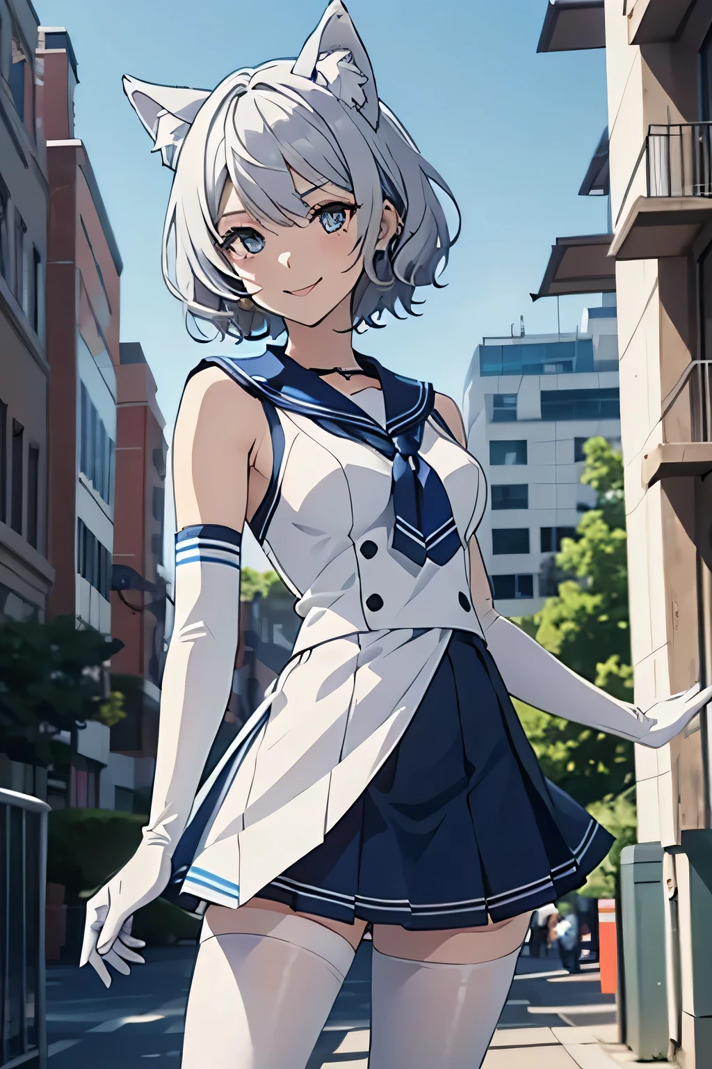 Tabletop Best image quality wonderful Attention to detail One Young Woman((Adult))Anime Style whole body White Sailor Suit(Sleeveless) Navy blue mini skirt Lift up the skirt White long gloves(Elbow Gloves) White Pantyhose(Plain) Wolf Ears short hair((Shortcuts)(Gray Hair)(Curly Hair)(fluffy)) smile(Happy) Eye color is blue background(Building district)