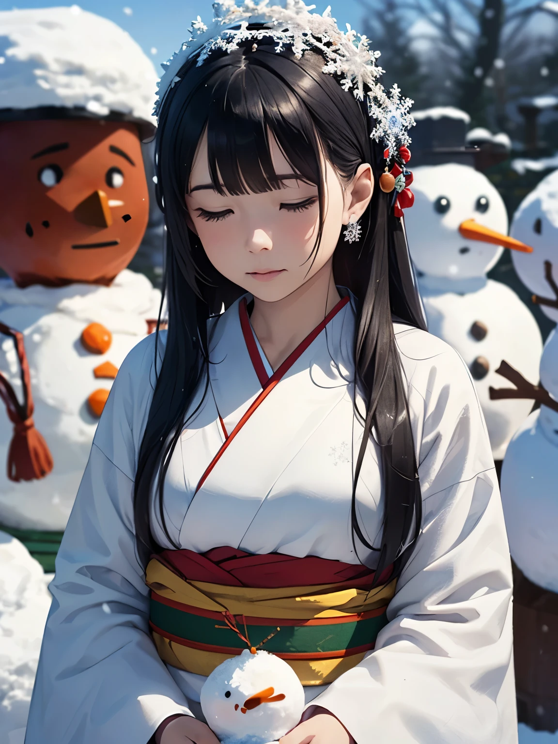 masterpiece, Realistic, highest quality, whole body, Black Super Long Hair, (((Beautiful Snow Woman)))), (Beautiful Snow Woman in Old Tales)))), (Japanese white kimono and white obi、Long red sleeves、Only the obi is hanging down, Face down、Looking up at the person squinting)), (((Black hair with snowflake hair accessories and snowman hair clips)), 20-year-old, (Plains in a blizzard)))), ( No headgear))), Realistic, Blur the background