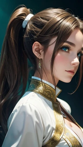 A young woman with light brown hair and a ponytail wearing a fantasy white costume、Green Eyes