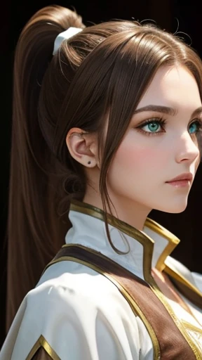 A young woman with light brown hair and a ponytail wearing a fantasy white costume、Green Eyes