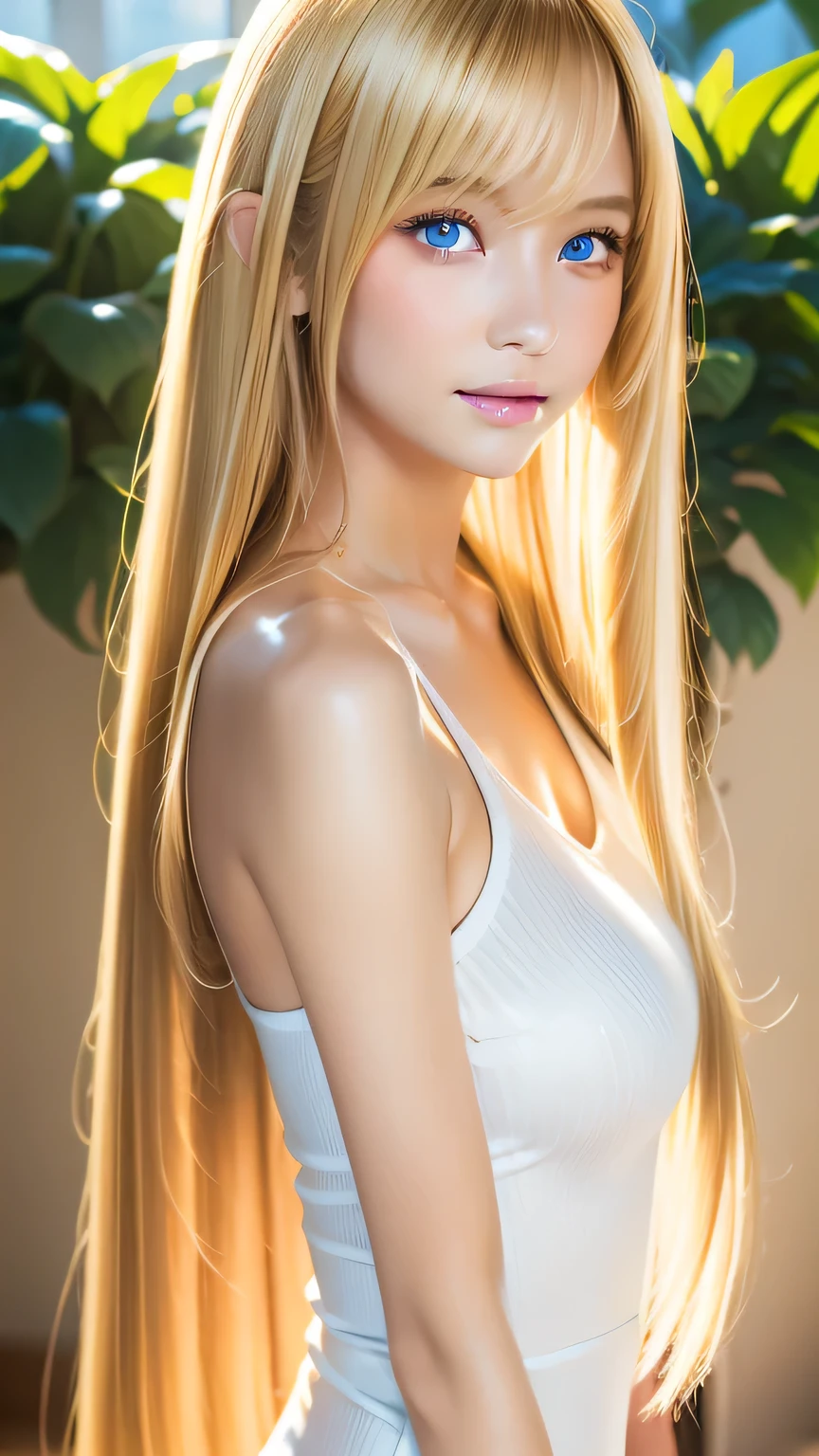Beautiful super long straight silky hair with a dazzling golden shine、Bright expression、Blonde girl posing in a white top、long golden bangs between the eyes of the eyes,、Glossy fair skin、Glowing Cheeks、Reality Girls、16 year old beautiful girl、Beautiful girl with shining golden platinum blonde、Beautiful big bright blue eyes、Large double eyelids