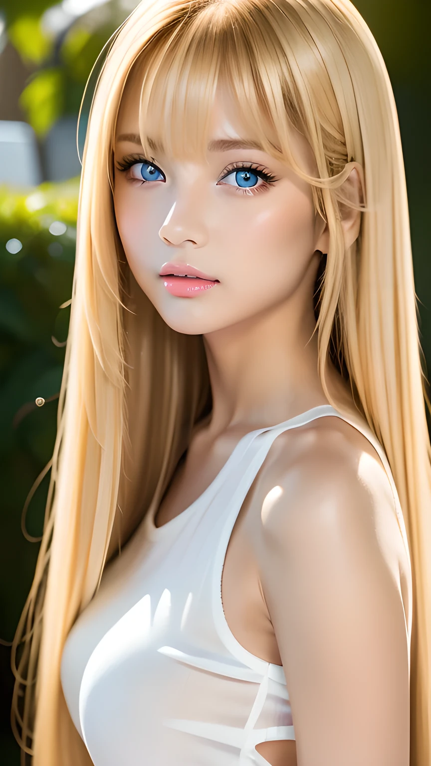 Beautiful super long straight silky hair with a dazzling golden shine、Bright expression、Blonde girl posing in a white top、long golden bangs between the eyes of the eyes,、Glossy fair skin、Glowing Cheeks、Reality Girls、 beautiful girl、Beautiful girl with shining golden platinum blonde、Beautiful big bright blue eyes、Large double eyelids
