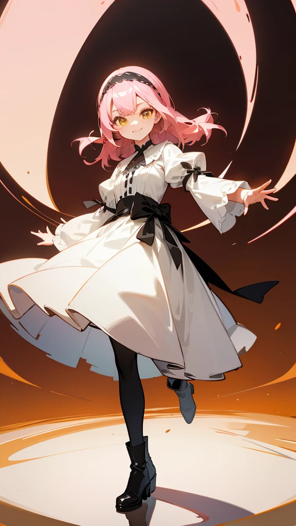 (masterpiece、highest quality、Highest quality、Super detailed description、Bust Top:1.2)、Fisheye Lens、Anime Style、Super Flat Style、Ultra Dynamic Lighting、Depth of subject、Blur、pale、Model standing pose、Maria's smile、Girl 1、waist-length pink hair、Patsun Hair、Yellow Eyes、BREAK A simple headband with black edges、BREAK Black and white long fit&Flared Dress、Black tights and long boots